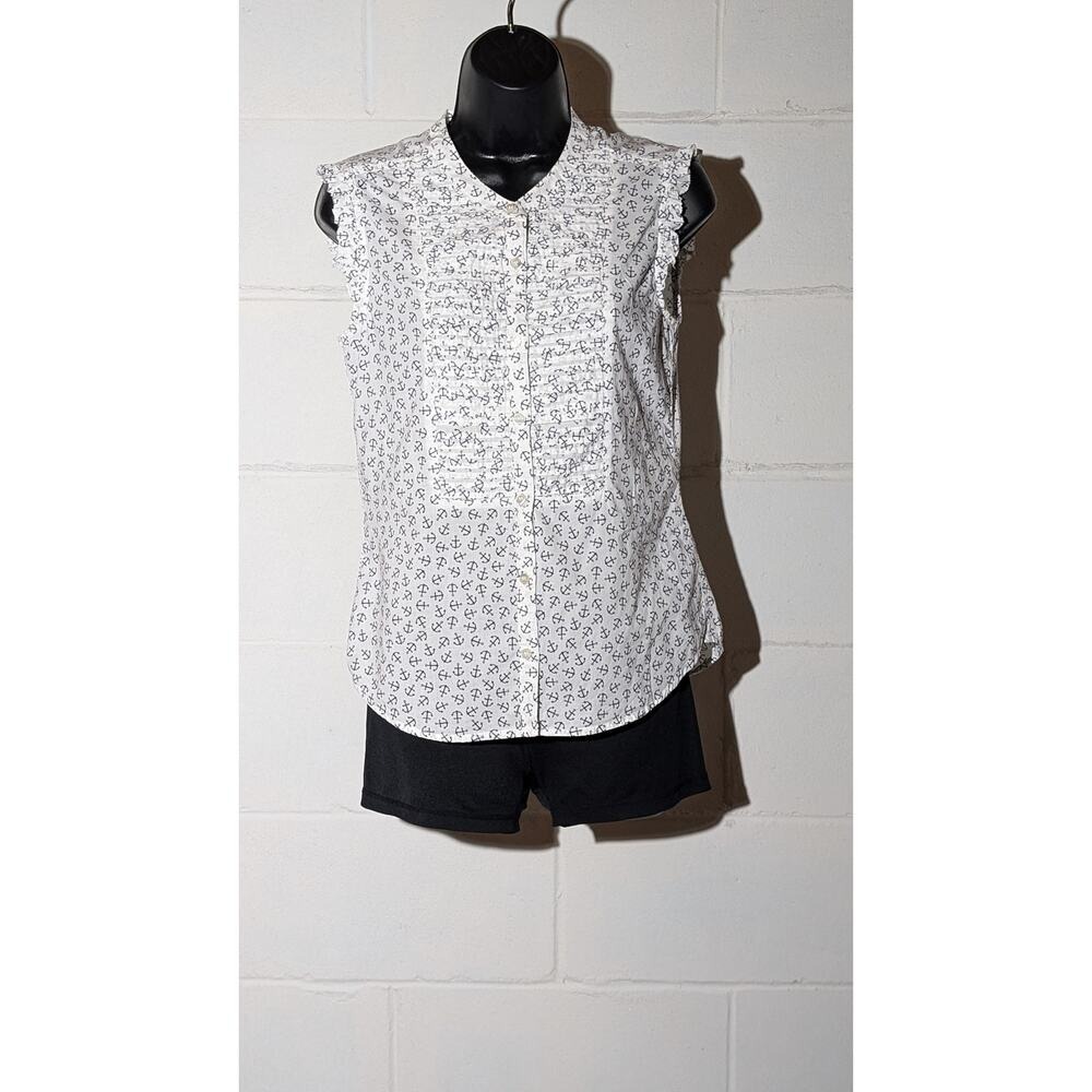 L.O.G.G by H&M White & Black Anchor Print Sleeveless 100% Cotton Girls Blouse 14